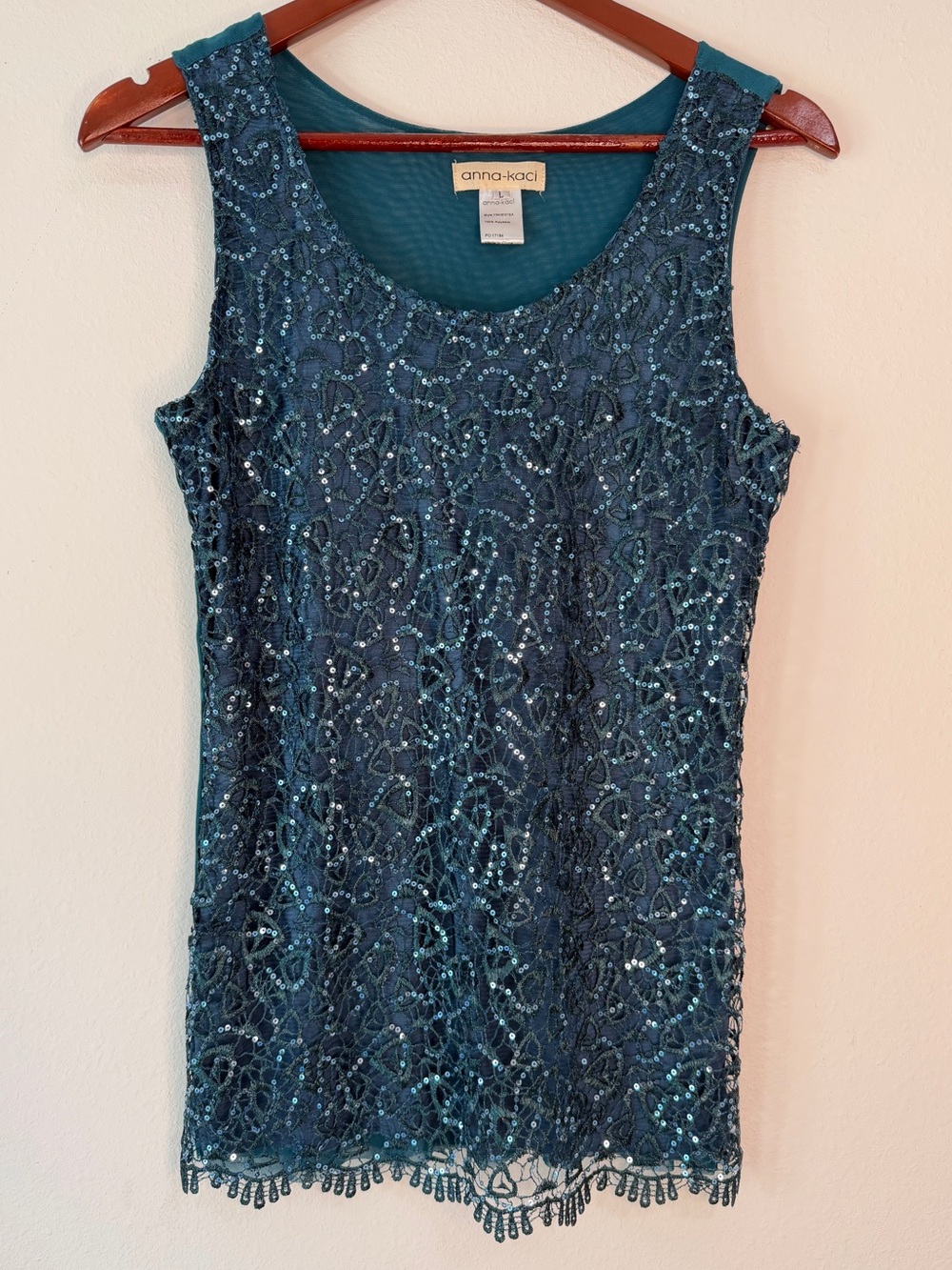 Vintage Anna-Kaci Sequin Lace Teal Tank Top Womens Large Y2K Mermaidcore Glam‎